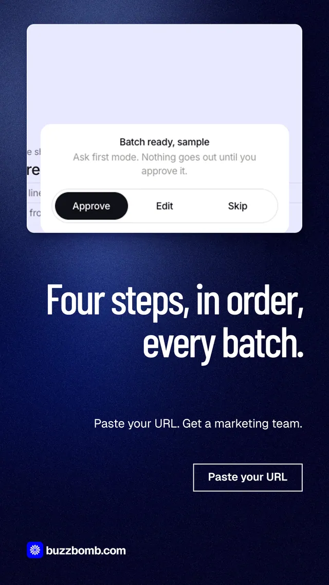 Instagram story for BuzzBomb: "Four steps, in order, every batch." Dark deco style, right layout, dark palette in black, blue, white.