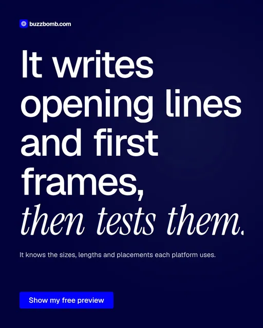 Video for BuzzBomb: "It writes opening lines and first frames, then tests them.". Doc motion loop, 7.0 s, dark palette.