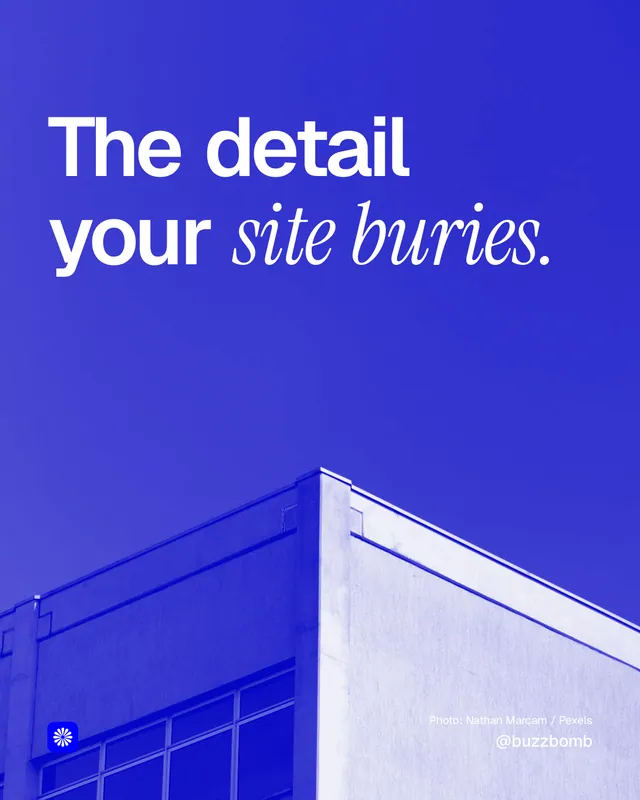 Instagram portrait post for BuzzBomb: "The detail your site buries." Duotone style, technique:pexels ingredient layout, dark palette in blue.