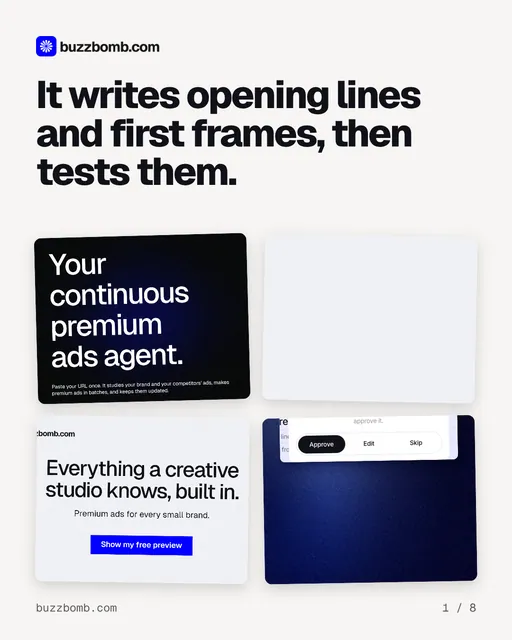 Carousel for BuzzBomb: "It writes opening lines and first frames, then tests them.". Collection carousel, 8 slides, light palette.