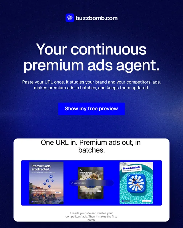 Instagram portrait post for BuzzBomb: "Your continuous premium ads agent." Swiss style, centred layout, dark palette in blue, white.