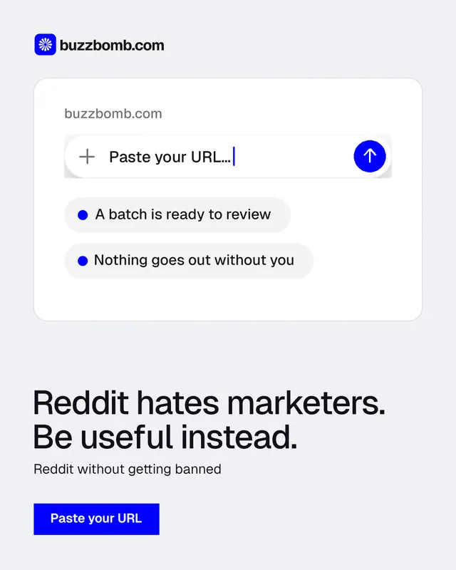 Instagram portrait post for BuzzBomb: "Reddit hates marketers. Be useful instead." Swiss style, bottom layout, light palette in white, blue.