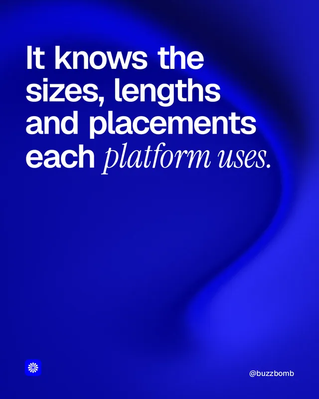 Instagram portrait post for BuzzBomb: "It knows the sizes, lengths and placements each platform uses." Auto 4x5 style, technique:shader field layout, dark palette in blue.