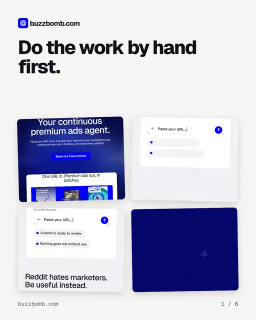 Carousel for BuzzBomb: "Do the work by hand first.". Collection carousel, 8 slides, light palette.