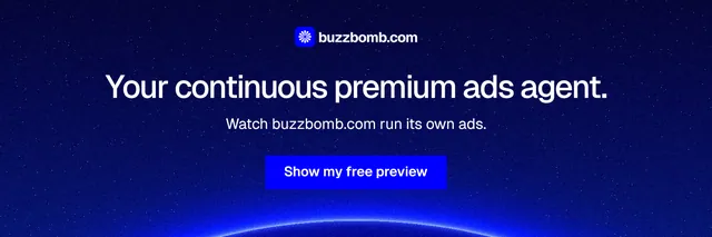 X header for BuzzBomb: "Your continuous premium ads agent." Swiss style, centred layout, dark palette in blue.