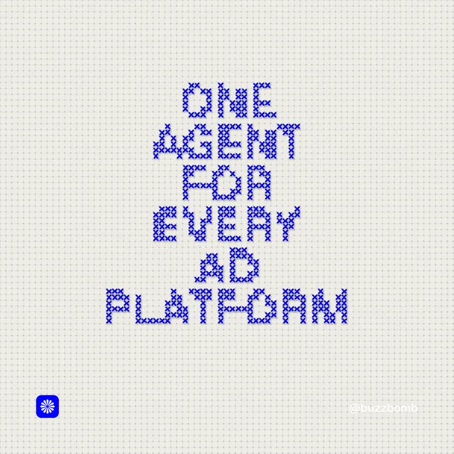 Instagram post for BuzzBomb: "One agent for every ad platform". Stitch style, technique:raster type fx layout, light palette in white, blue.