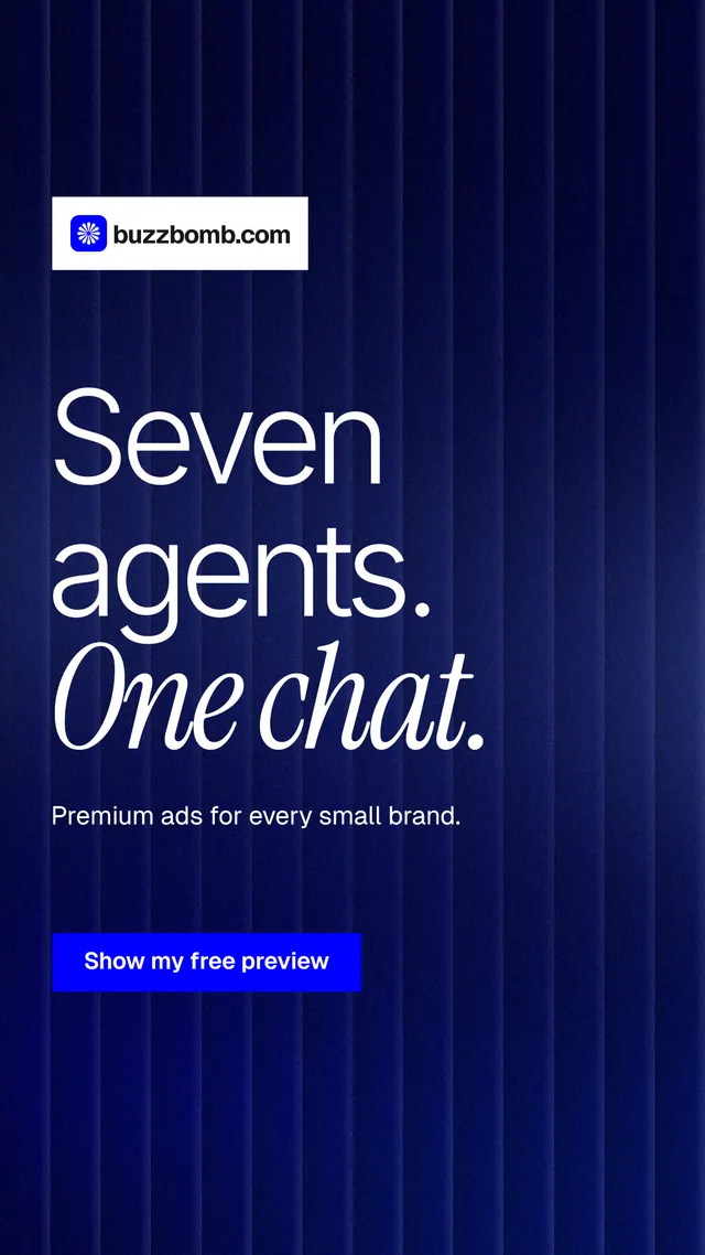 Instagram story for BuzzBomb: "Seven agents. One chat." Swiss style, announce layout, dark palette in black, blue.