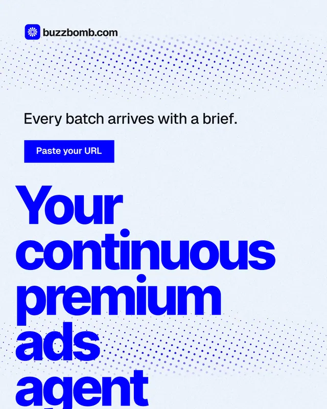 Instagram portrait post for BuzzBomb: "Your continuous premium ads agent." Swiss style, oversized layout, light palette in white, blue.