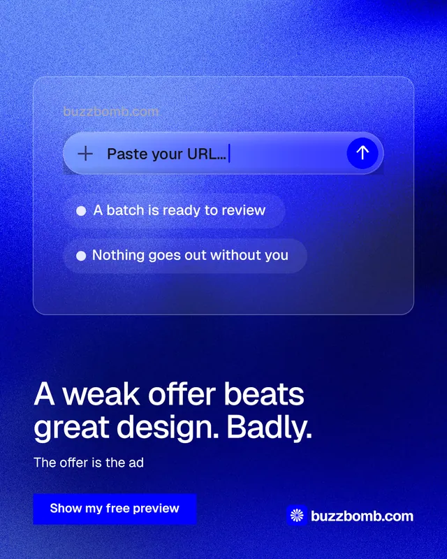 Instagram portrait post for BuzzBomb: "A weak offer beats great design. Badly." Swiss style, bottom layout, dark palette in blue.