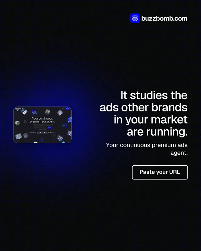 Instagram portrait post for BuzzBomb: "It studies the ads other brands in your market are running." Phosphor atlas style, right layout, dark palette in black.