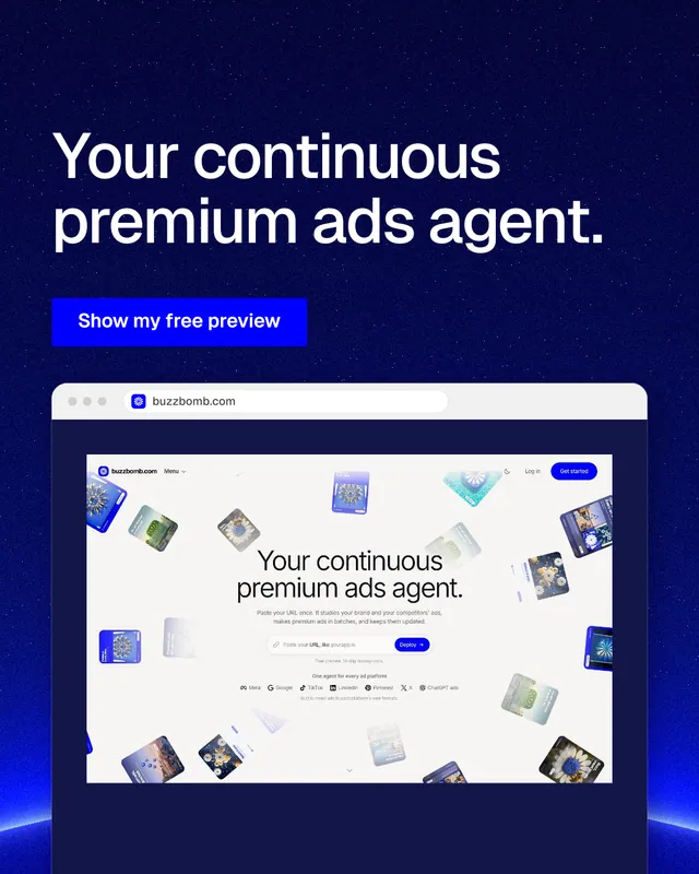 Instagram portrait post for BuzzBomb: "Your continuous premium ads agent." Swiss style, browser layout, dark palette in blue, white.