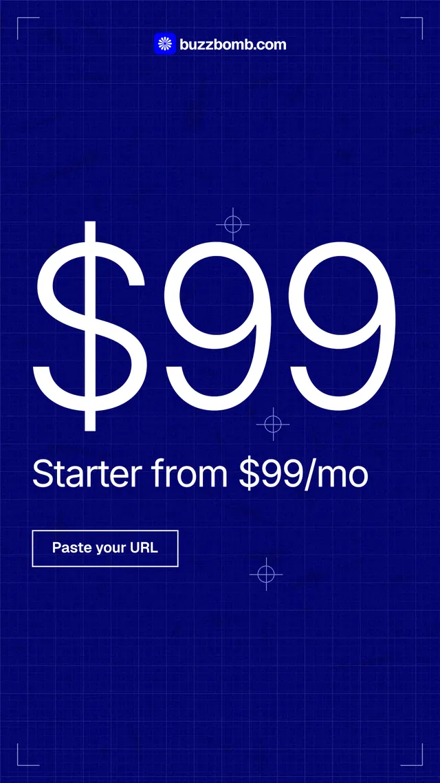 Instagram story for BuzzBomb: "Get a marketing team." Blueprint style, stat layout, dark palette in blue.
