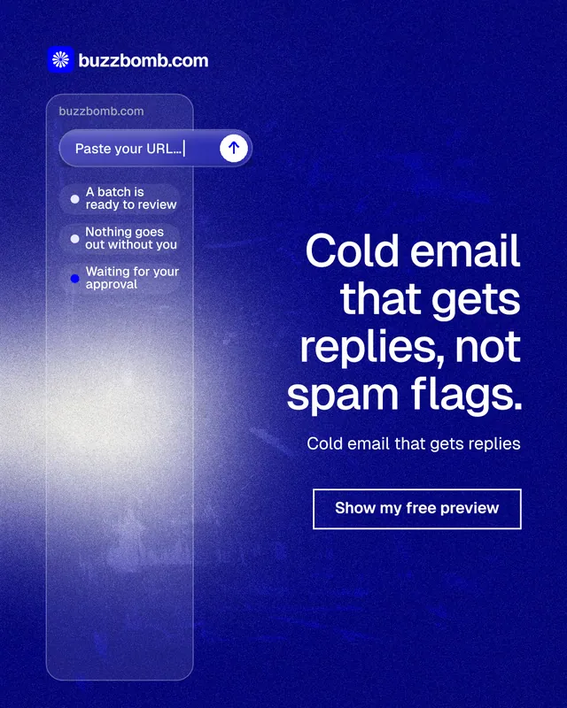 Instagram portrait post for BuzzBomb: "Cold email that gets replies, not spam flags." Cyanotype style, right layout, dark palette in blue.