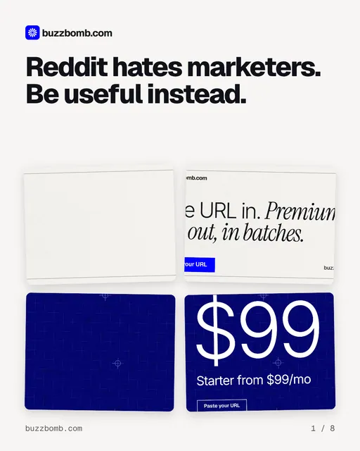 Carousel for BuzzBomb: "Reddit hates marketers. Be useful instead.". Collection carousel, 8 slides, light palette.