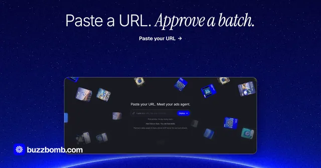 Social ad for BuzzBomb: "Paste a URL. Approve a batch." Swiss style, ogui layout, dark palette in blue.