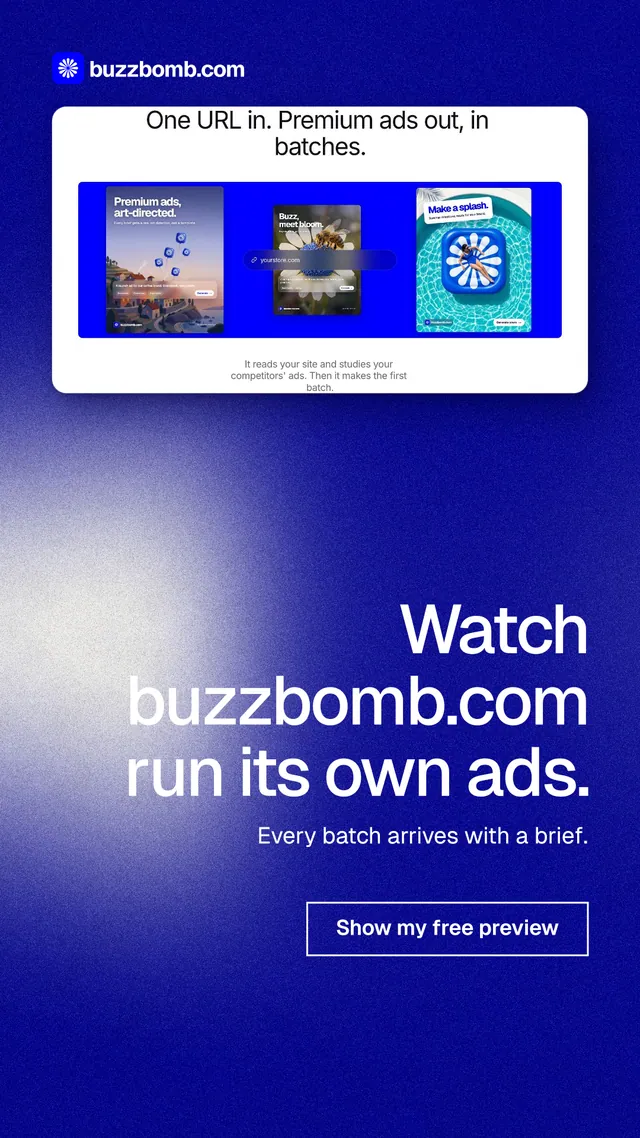 Instagram story for BuzzBomb: "Watch buzzbomb.com run its own ads." Cyanotype style, right layout, dark palette in blue.