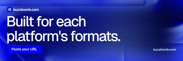 X header for BuzzBomb: "Built for each platform's formats." Swiss style, poster layout, dark palette in blue.