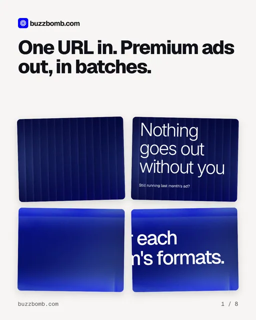 Carousel for BuzzBomb: "One URL in. Premium ads out, in batches.". Collection carousel, 8 slides, light palette.