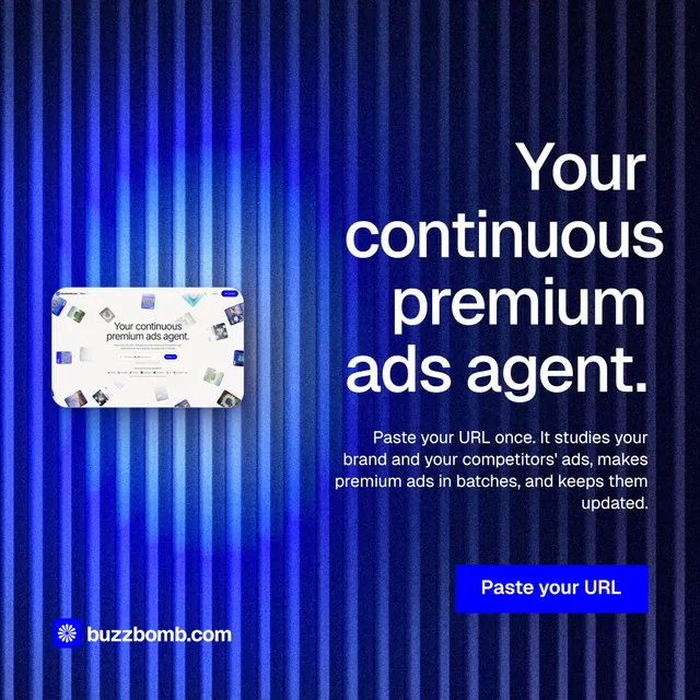 Instagram post for BuzzBomb: "Your continuous premium ads agent." Swiss style, right layout, dark palette in blue.