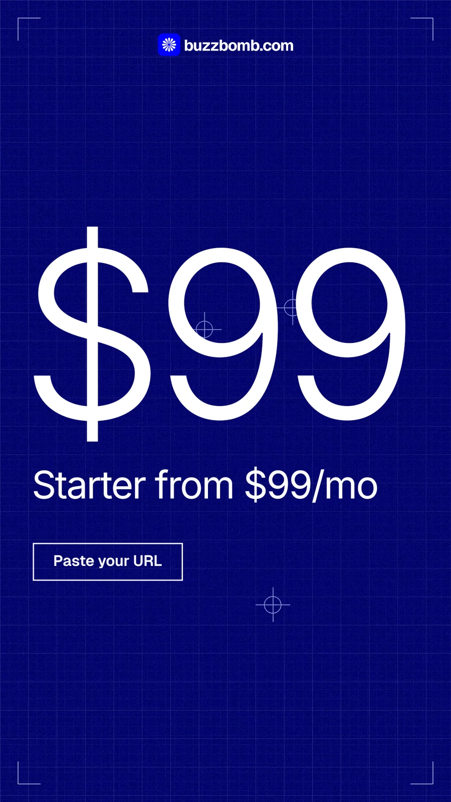 Instagram story for BuzzBomb: "Paste your URL. Get a marketing team." Blueprint style, stat layout, dark palette in blue.