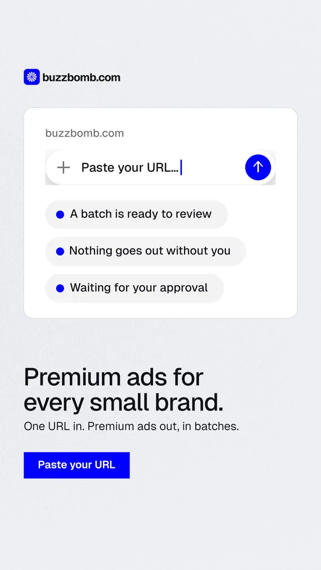 Instagram story for BuzzBomb: "Premium ads for every small brand." Swiss style, bottom layout, light palette in white, blue.