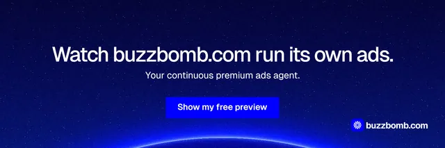 X header for BuzzBomb: "Watch buzzbomb.com run its own ads." Swiss style, centred layout, dark palette in blue.