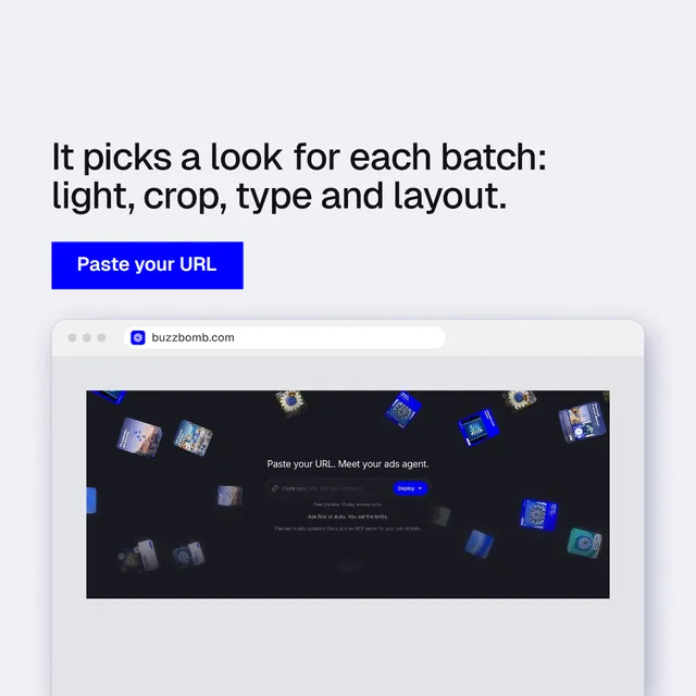 Instagram post for BuzzBomb: "It picks a look for each batch: light, crop, type and layout." Swiss style, browser layout, light palette in white, blue.