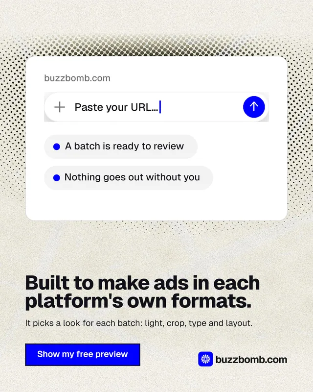 Instagram portrait post for BuzzBomb: "Built to make ads in each platform's own formats." Ink sticker style, bottom layout, light palette in yellow, white, grey.