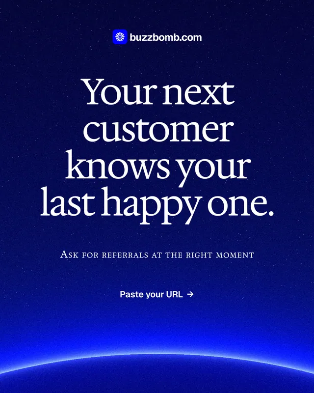 Instagram portrait post for BuzzBomb: "Your next customer knows your last happy one." Swiss style, smallcaps layout, dark palette in blue.