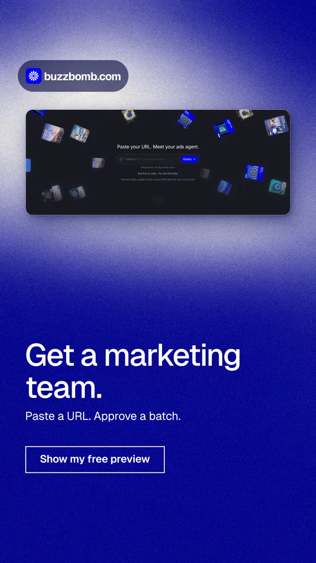 Instagram story for BuzzBomb: "Get a marketing team." Cyanotype style, bottom layout, dark palette in blue.