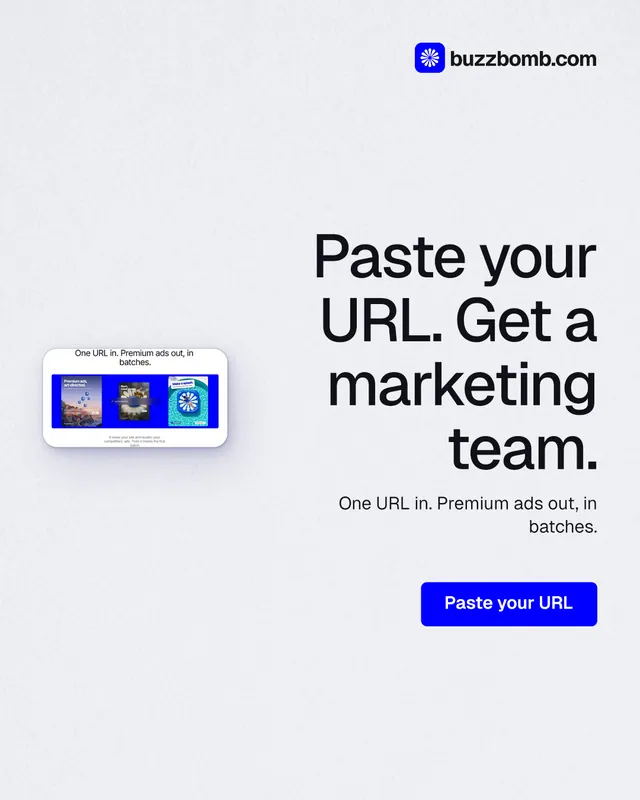 Instagram portrait post for BuzzBomb: "Paste your URL. Get a marketing team." Data card style, right layout, light palette in white, blue.
