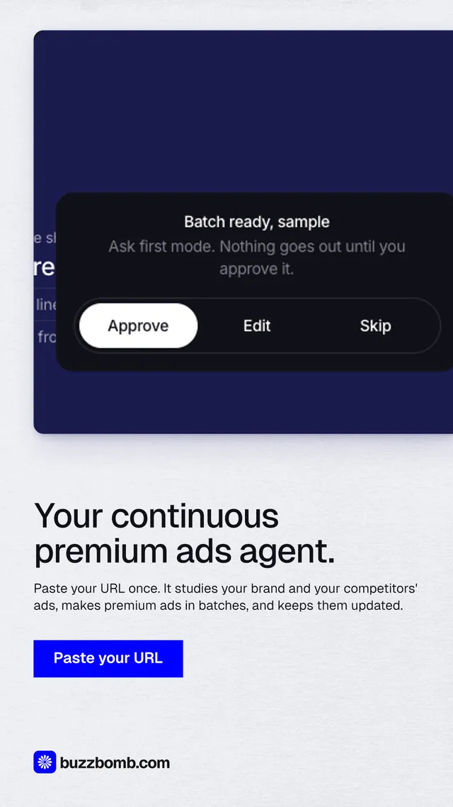 Instagram story for BuzzBomb: "Your continuous premium ads agent." Swiss style, bottom layout, light palette in white, blue, black.