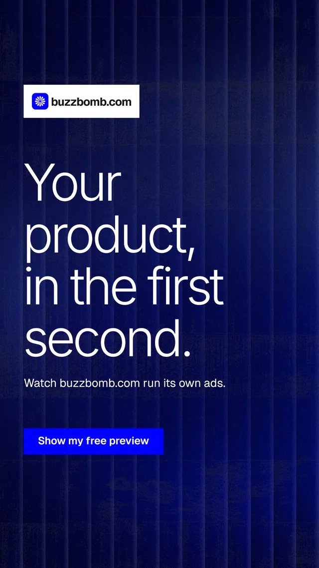 Instagram story for BuzzBomb: "Your product, in the first second." Swiss style, announce layout, dark palette in blue, grey.
