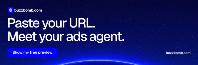 X header for BuzzBomb: "Paste your URL. Meet your ads agent." Swiss style, poster layout, dark palette in blue.