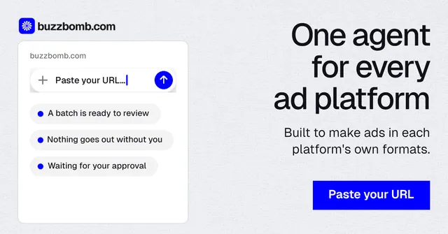 Social ad for BuzzBomb: "One agent for every ad platform". Swiss style, right layout, light palette in white, blue.