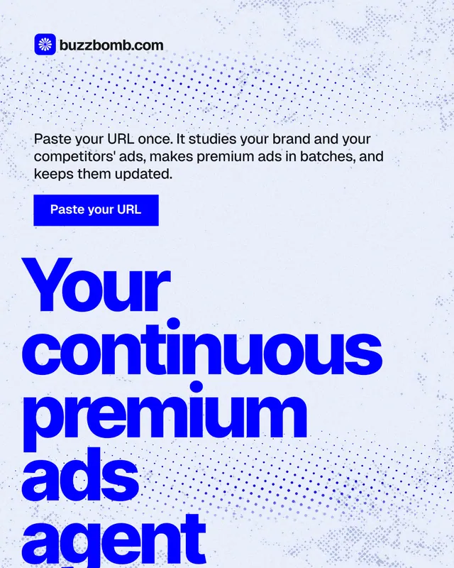 Instagram portrait post for BuzzBomb: "Your continuous premium ads agent." Swiss style, oversized layout, light palette in white, blue.