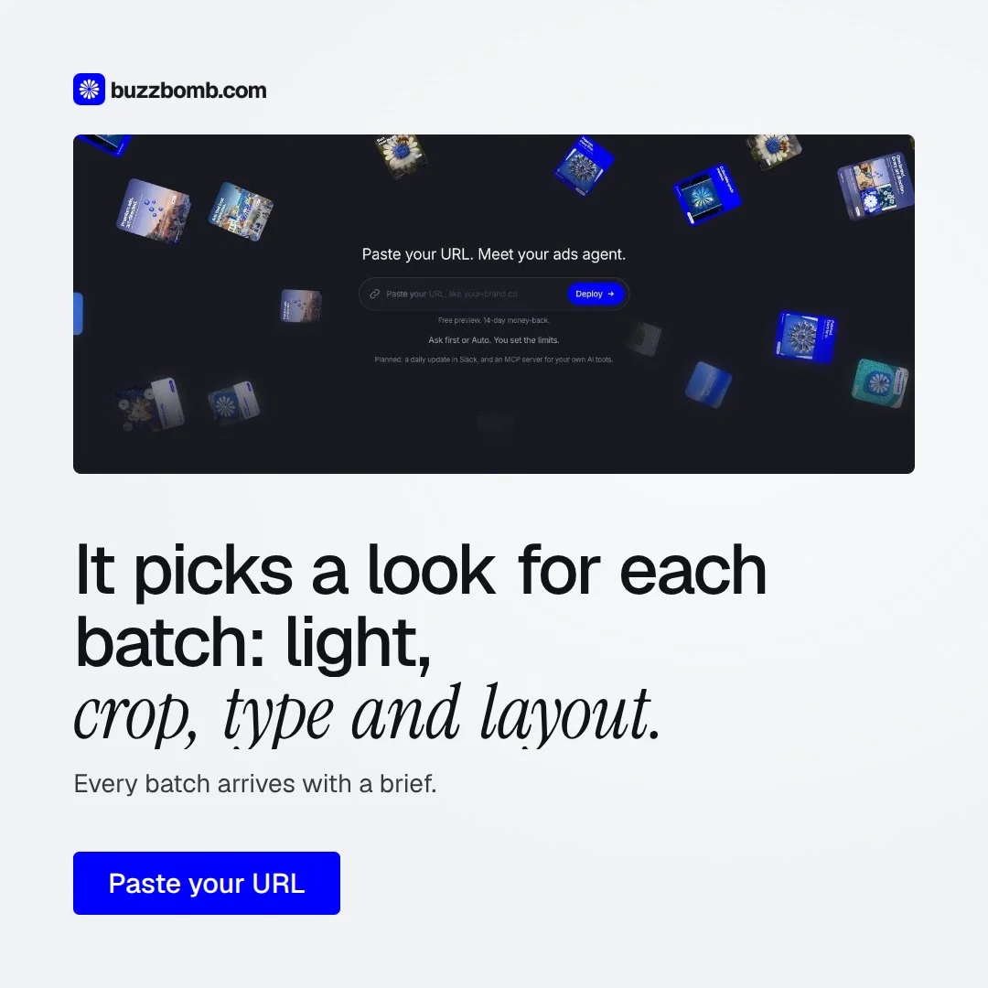 Video for BuzzBomb: "It picks a look for each batch: light, crop, type and layout.". Doc motion loop, 8.0 s, light palette.