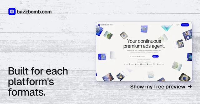 Social ad for BuzzBomb: "Built for each platform's formats." Swiss style, image led layout, light palette in white, grey.