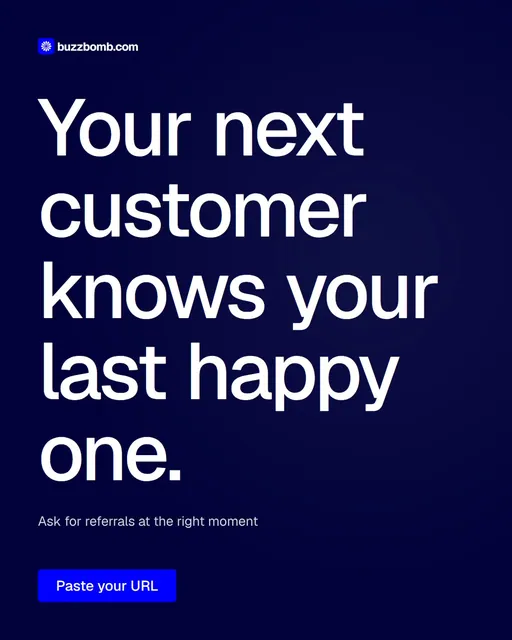Video for BuzzBomb: "Your next customer knows your last happy one.". Doc motion loop, 6.0 s, dark palette.