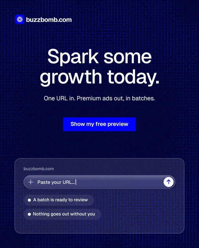 Instagram portrait post for BuzzBomb: "Spark some growth today." Swiss style, centred layout, dark palette in black, blue.