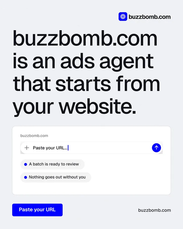 Instagram portrait post for BuzzBomb: "buzzbomb.com is an ads agent that starts from your website." Data card style, poster layout, light palette in white, grey.