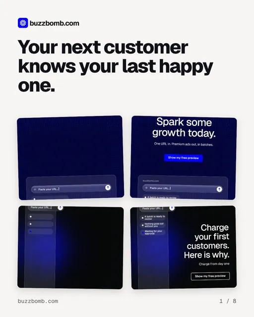 Carousel for BuzzBomb: "Your next customer knows your last happy one.". Collection carousel, 8 slides, light palette.