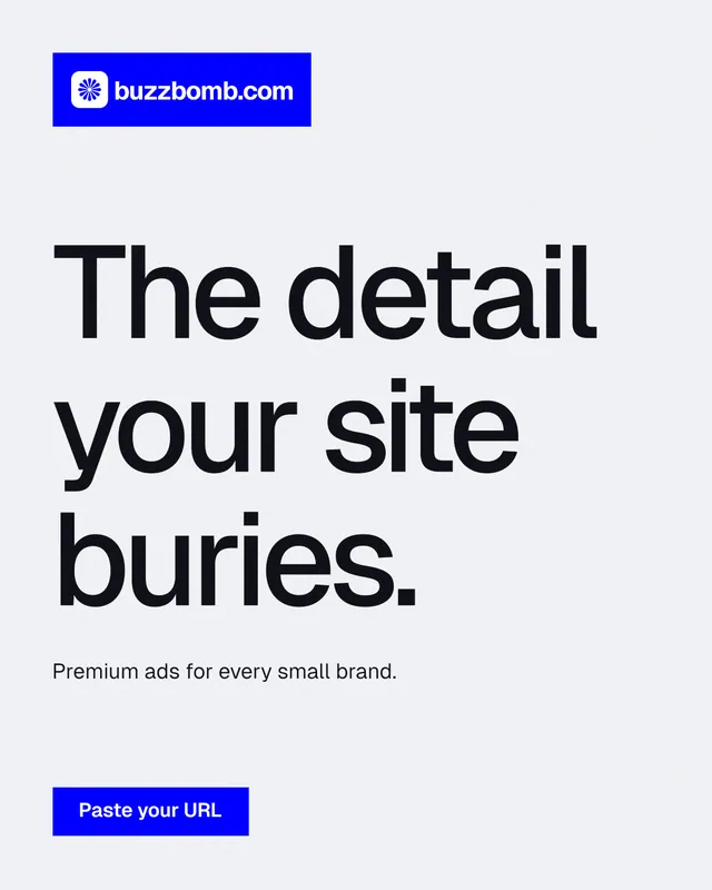 Instagram portrait post for BuzzBomb: "The detail your site buries." Swiss style, announce layout, light palette in white, blue.