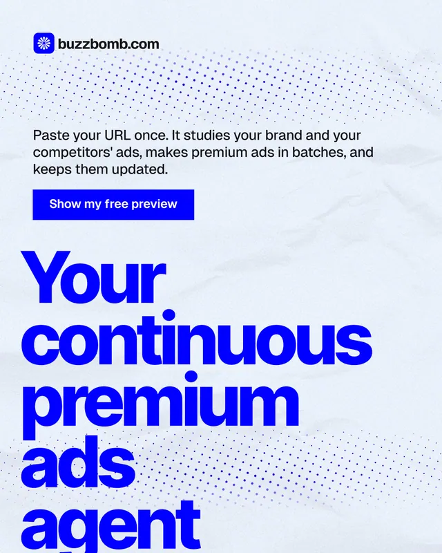 Instagram portrait post for BuzzBomb: "Your continuous premium ads agent." Swiss style, oversized layout, light palette in white, blue.