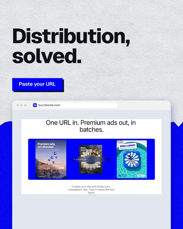 Instagram portrait post for BuzzBomb: "Distribution, solved." Paper trio style, browser layout, light palette in white, blue.