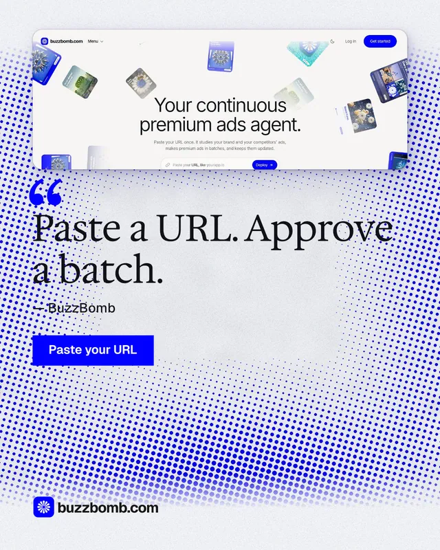 Instagram portrait post for BuzzBomb: "Paste a URL. Approve a batch." Swiss style, quote layout, light palette in blue, white.