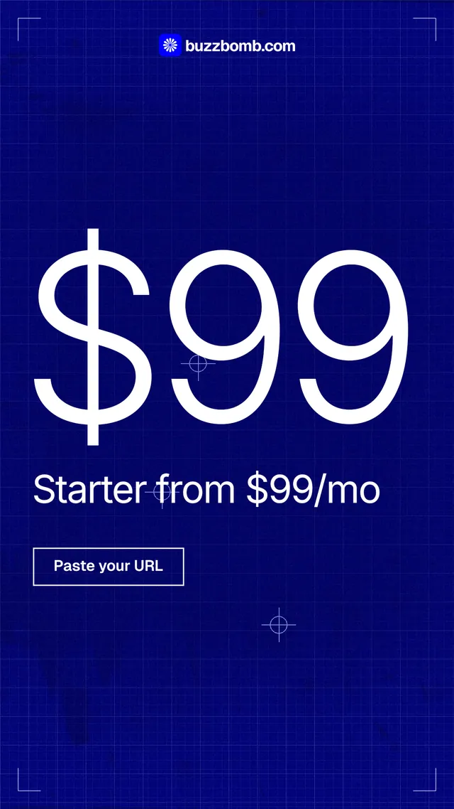 Instagram story for BuzzBomb: "One URL in. Premium ads out, in batches." Blueprint style, stat layout, dark palette in blue.