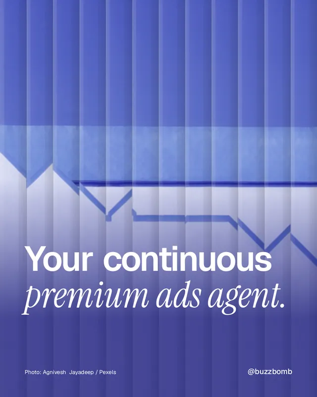 Instagram portrait post for BuzzBomb: "Your continuous premium ads agent." Photo style, technique:fluted glass layout, light palette in blue.