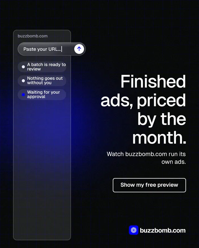 Instagram portrait post for BuzzBomb: "Finished ads, priced by the month." Phosphor atlas style, right layout, dark palette in black, blue, grey.