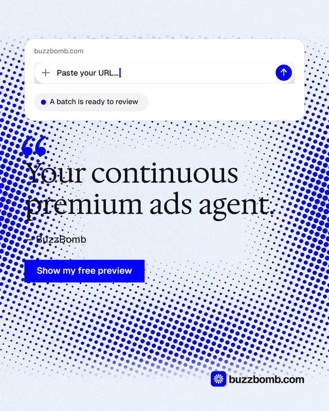 Instagram portrait post for BuzzBomb: "Your continuous premium ads agent." Swiss style, quote layout, light palette in white, blue.